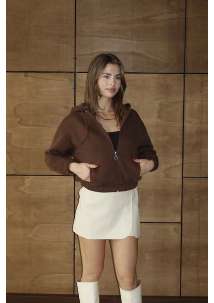 3 Iplik Şardonlu Kapşonlu Fermuarlı Kısa Üst Kahve PAT8590 fiyatları