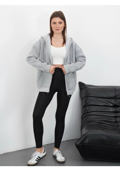 3 Iplik Şardonlu Fermuarlı Kapşonlu Hırka Gri