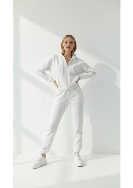 3 Iplik Şardonlu Kapşonlu Fermuarlı Kısa Üst Beyaz PAT8590 fiyatları