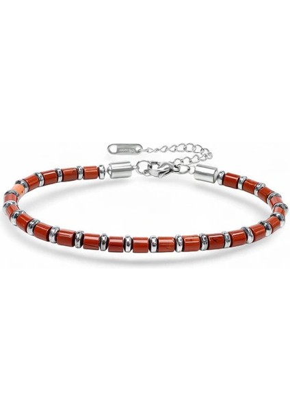 Kırmızı Jasper & Silver Hematit Taşlı Ayarlanabilir Çelik Zincir Erkek Bileklik 33512B10D4M5