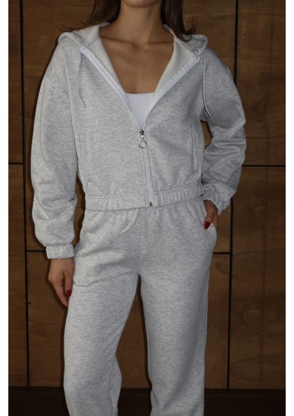 3 Iplik Şardonlu Kapşonlu Fermuarlı Kısa Üst Gri PAT8590