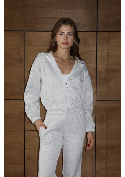 3 Iplik Şardonlu Kapşonlu Fermuarlı Kısa Üst Gri PAT8590 fiyatları