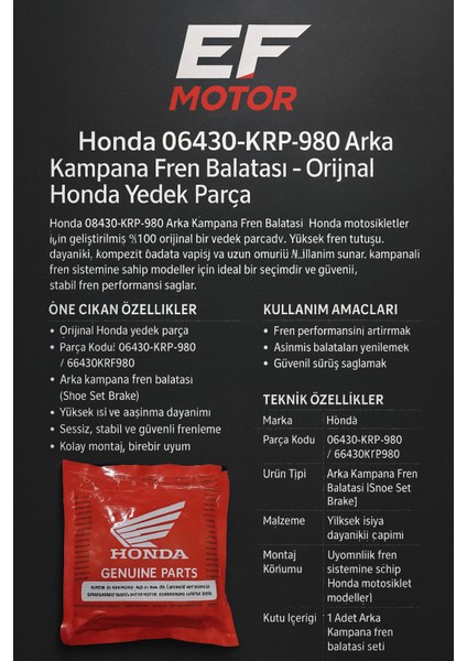 Arka Kampana Fren Balatası 06430-KRP-980 – PCX 125, Spacy 110, Activa 100/125, Dio 110, CB125, CBF125/150 Uyumlu (Orijinal) modelleri