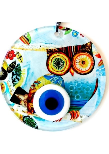 Bilgin Baykuş Nazar Boncuklu 12 Santimetre Füzyon Cam Duvar Süsü