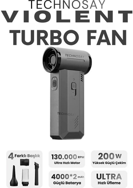T7 Violent Turbo Jet Fan 130000RPM Ultra Güçlü Motor Güçlü Vakum 4000MAH Bataryalı Üflemeli