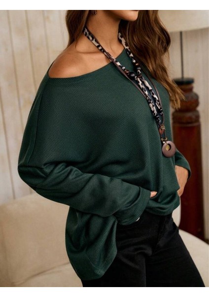 Kadın Tek Omuzdan Açık Yarasa Kollu Waffle Bluz modelleri