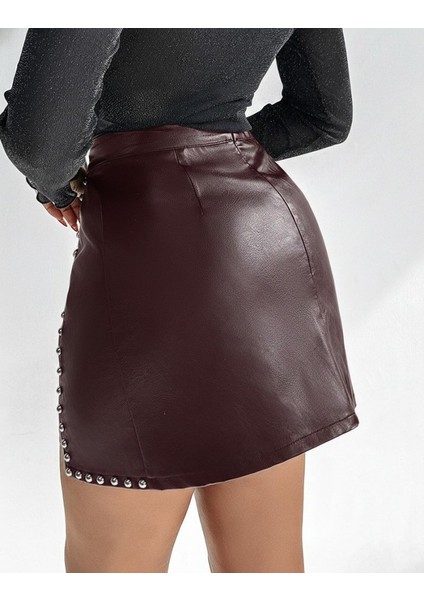 Kadın Yüksek Belli Yandan Çivili Mini Deri Etek modelleri