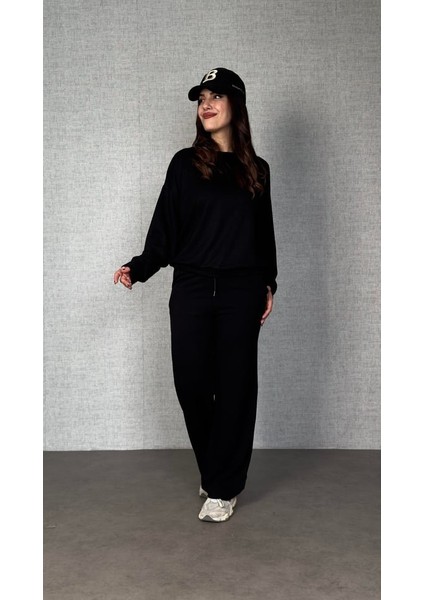 Kadın Uzun Kollu Bisiklet Yaka Viskon Iki Iplik Bluz ve Pantolon Ikili Takım