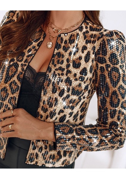 Kadın Uzun Kollu Önü Açık Pulpayet Detaylı Leopar Desenli Kısa Ceket modelleri