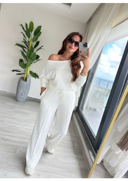 Kadın Uzun Kollu Tek Omuzdan Açık Dalgıç Bluz ve Pantolon Ikili Takım