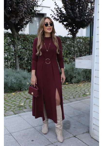 Kadın Uzun Kollu Bisiklet Yaka Önden Halka Detaylı Yırtmaçlı Uzun Viskon Iki Iplik Elbise