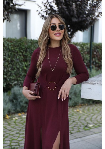 Kadın Uzun Kollu Bisiklet Yaka Önden Halka Detaylı Yırtmaçlı Uzun Viskon Iki Iplik Elbise fiyatları
