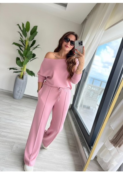 Kadın Uzun Kollu Tek Omuzdan Açık Dalgıç Bluz ve Pantolon Ikili Takım