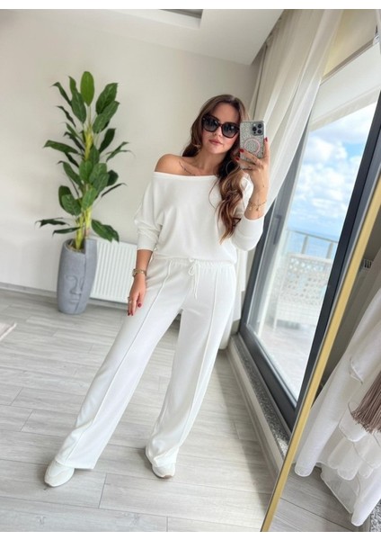 Kadın Uzun Kollu Tek Omuzdan Açık Dalgıç Bluz ve Pantolon Ikili Takım modelleri