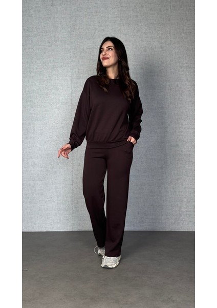 Kadın Uzun Kollu Bisiklet Yaka Viskon Iki Iplik Bluz ve Pantolon Ikili Takım