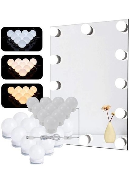 Bzrv® Nostalji Hollywood Tarzı 10LU Makyaj Masası Aynası Beyaz LED Işıklı Lamba USB