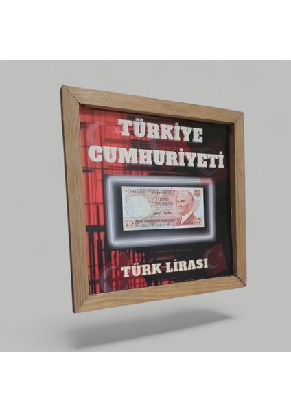 Nostaljik 20 Tl Hatıra Tablosu - 30X30 cm Dekoratif Ahşap Çerçeve - Ofis ve Ev Hediyesi