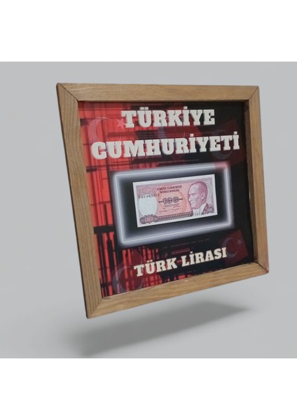 Nostaljik 100 Tl Hatıra Tablosu - 30X30 cm Dekoratif Ahşap Çerçeve - Ofis ve Ev Hediyesi