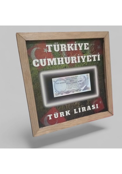 Nostaljik Türk Lirası Hatıra Tablosu - 30X30 cm Dekoratif Ahşap Çerçeve - Ofis ve Ev Hediyesi