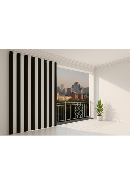Siyah Beyaz Çizgili Su Geçirmez Kornişli Bağcıklı Balkon Perdesi Branda