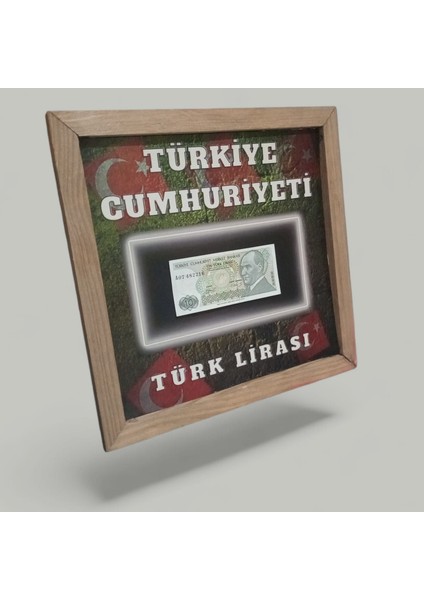 Nostaljik Türk Lirası Hatıra Tablosu - 30X30 cm Dekoratif Ahşap Çerçeve - Ofis ve Ev Hediyesi