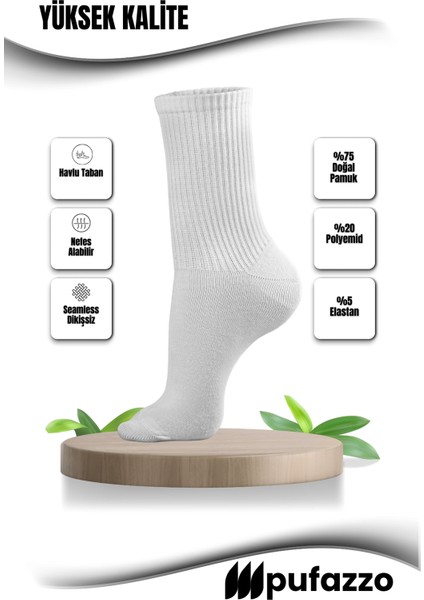 Uniseks Tenis Beyaz Spor Çorap 6'lı Set - Doğal Pamuk, Dikişsiz, Havlu Taban Soket Çorap