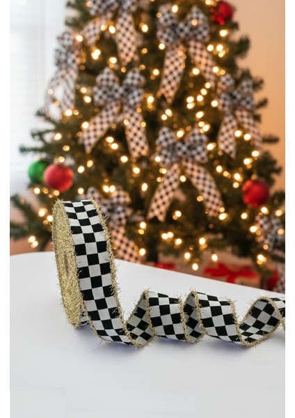 Dama Desen/ekose Altın Simli Saçaklı Yılbaşı Kurdelesi (3cm Genişlik - 10MT Uzunluk)