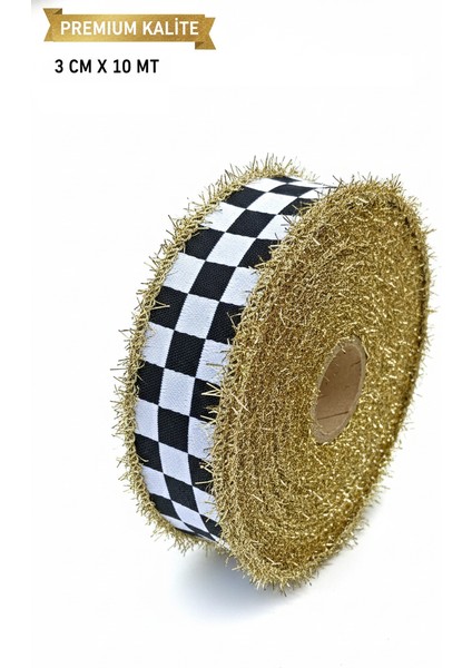 Dama Desen/ekose Altın Simli Saçaklı Yılbaşı Kurdelesi (3cm Genişlik - 10MT Uzunluk) fiyatları