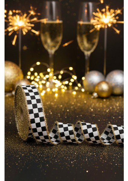 Dama Desen/ekose Altın Simli Saçaklı Yılbaşı Kurdelesi (3cm Genişlik - 10MT Uzunluk) indirimleri