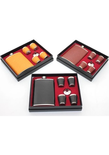 Paslanmaz Çelik 4 Shot Bardaklı Derili Matara Seti Model 1