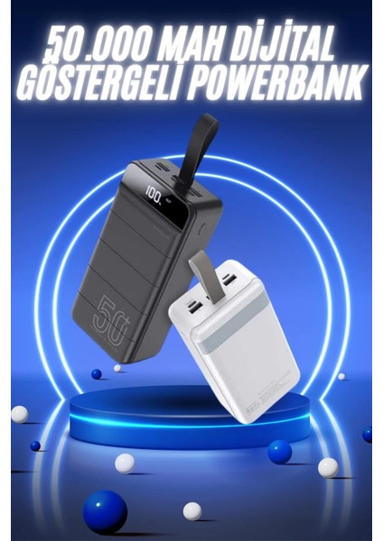 50.000 Mah Powerbank Turbo Hızlı LED Göstergeli Android Ios Uyumlu Taşınabilir Askılı