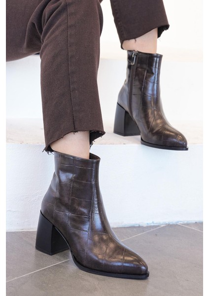 Isabel Kroko Desenli Topuklu Kadın Bot Kahve