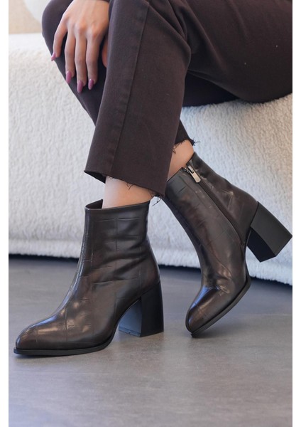 Isabel Kroko Desenli Topuklu Kadın Bot Kahve