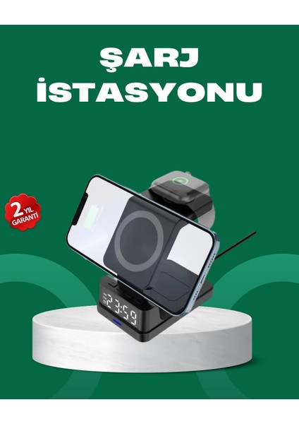 Dijital Saatli Kablosuz Şarj Istasyonu – 3’ü 1 Arada Apple Uyumlu Hızlı Şarj ve LED Ekran