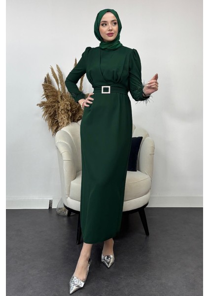 Krep Kumaş Kollu Tüylü Abiye-Zümrüt