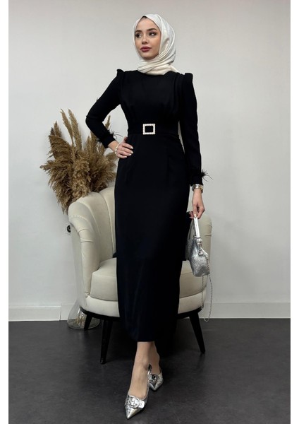 Krep Kumaş Kollu Tüylü Abiye-Siyah modelleri