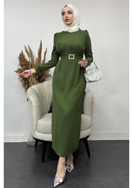 Krep Kumaş Kollu Tüylü Abiye-Yeşil