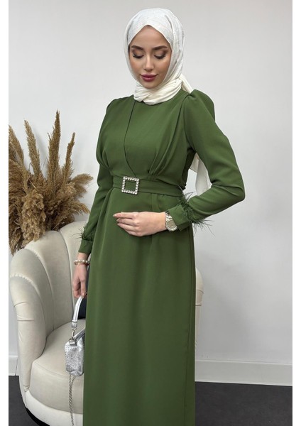 Krep Kumaş Kollu Tüylü Abiye-Yeşil modelleri
