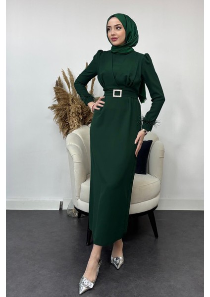 Krep Kumaş Kollu Tüylü Abiye-Zümrüt fiyatları