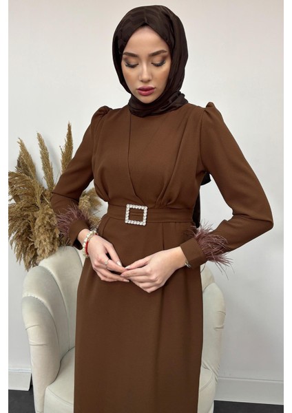Krep Kumaş Kollu Tüylü Abiye-Kahverengi fiyatları