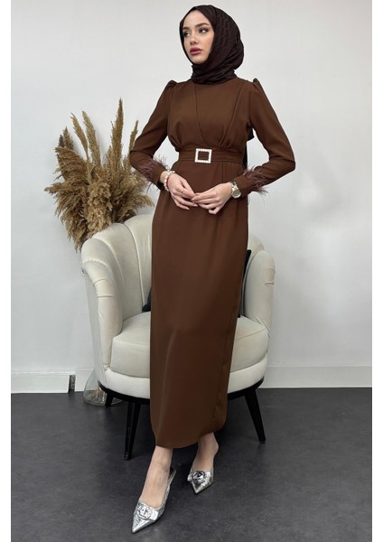 Krep Kumaş Kollu Tüylü Abiye-Kahverengi modelleri