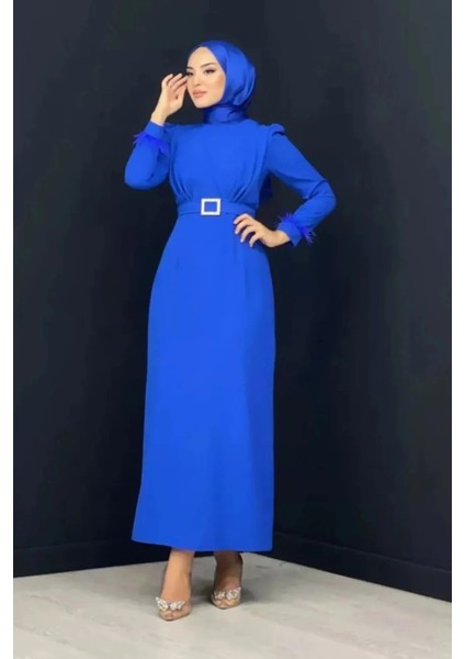 Krep Kumaş Kollu Tüylü Abiye-Saks Mavi