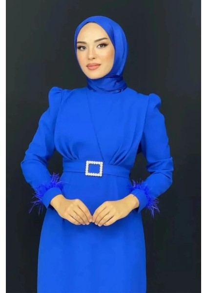 Krep Kumaş Kollu Tüylü Abiye-Saks Mavi fiyatları