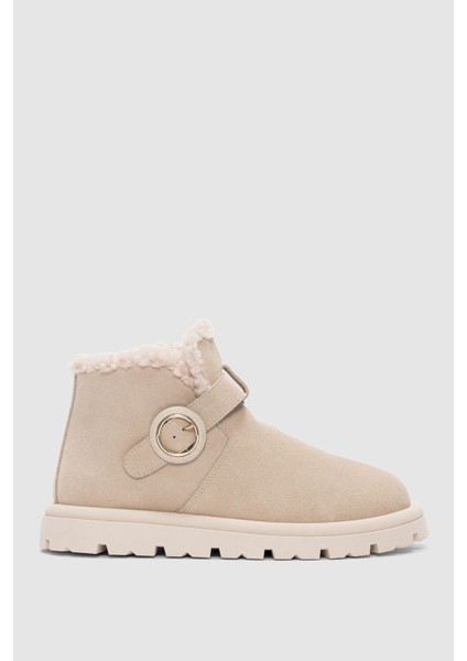 Luva Hakiki Deri Ayarlanabilir Toka Detaylı Yandan Fermuarlı Kadın Bot- Bej Süet