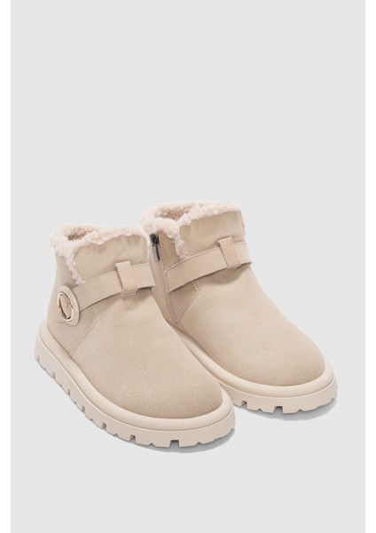 Luva Hakiki Deri Ayarlanabilir Toka Detaylı Yandan Fermuarlı Kadın Bot- Bej Süet fiyatları