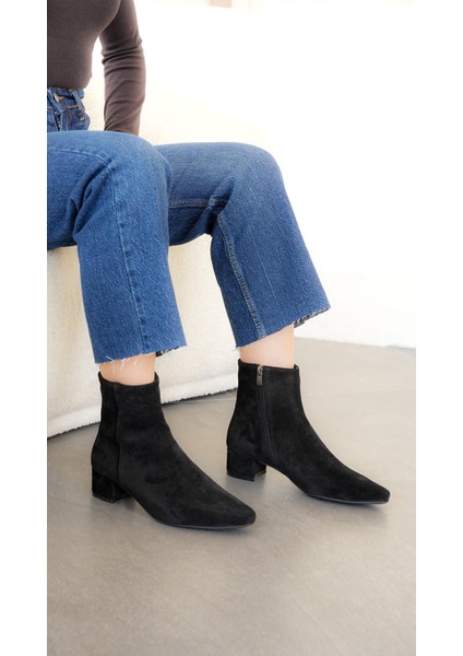 Tessa Alçak Ökçe Kahiki Deri Süet Kadın Bot Siyah