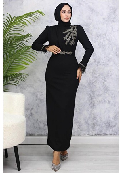 Işıltılı Taş Detaylı Tesettür Abiye- Siyah