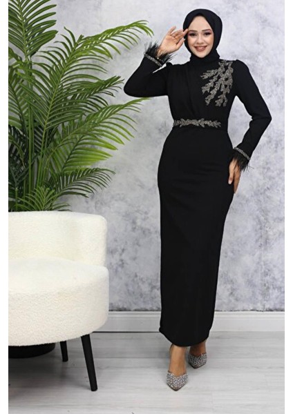 Işıltılı Taş Detaylı Tesettür Abiye- Siyah fiyatları