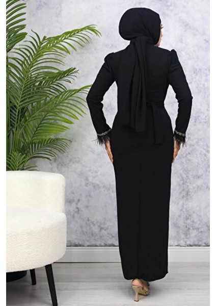 Işıltılı Taş Detaylı Tesettür Abiye- Siyah modelleri
