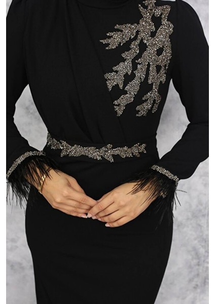 Işıltılı Taş Detaylı Tesettür Abiye- Siyah fırsatları